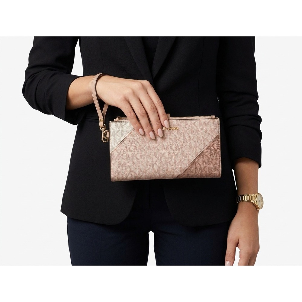 Michael Kors Adele Wristlet Pink Monogram Logo Double Zip Wallet - OS
